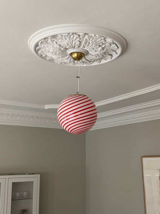 Murano candy pendel rød/hvid swirl, 30 cm