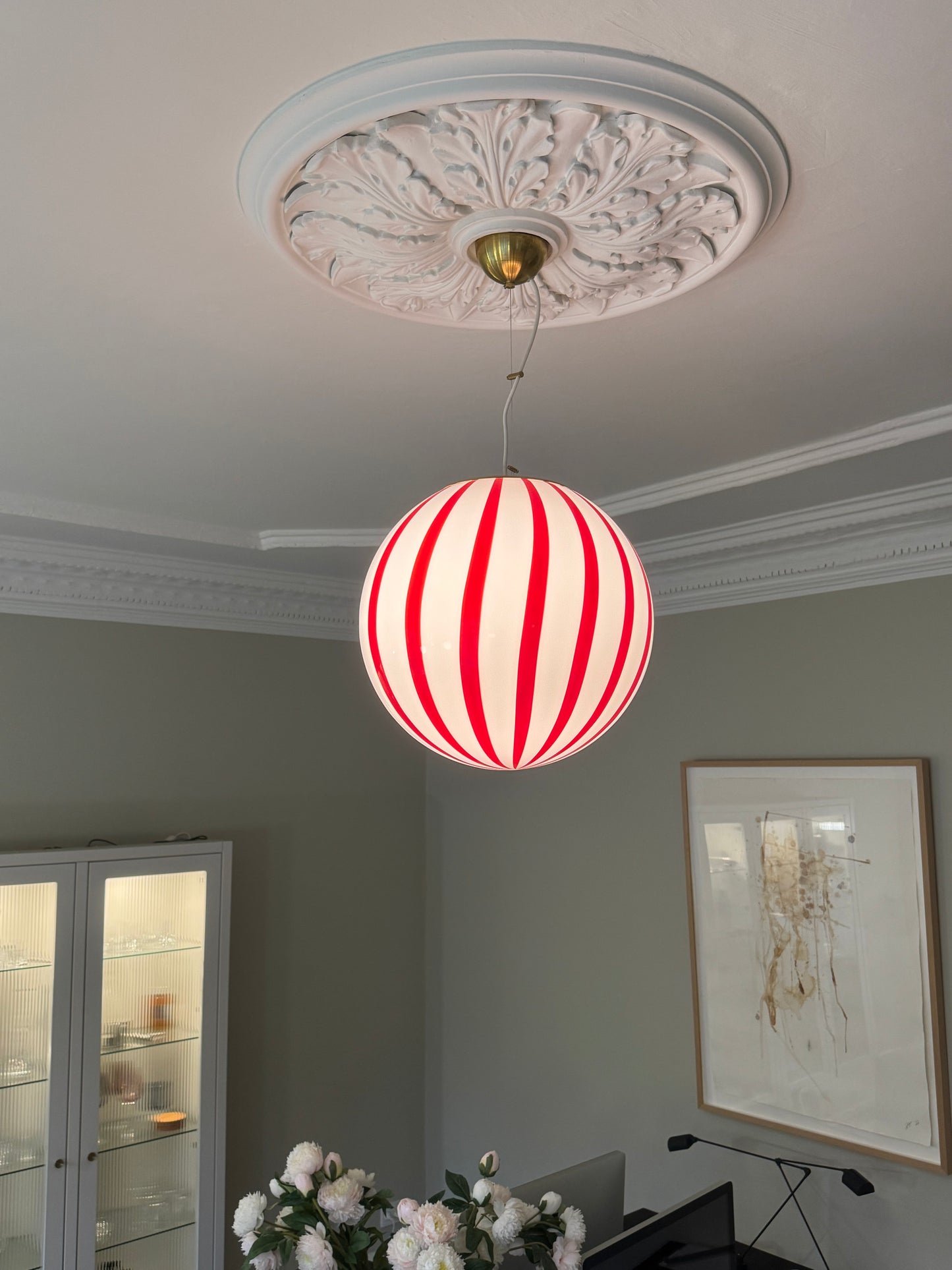 Murano candy pendel rød/hvid swrl, 40 cm (på forespørgsel)