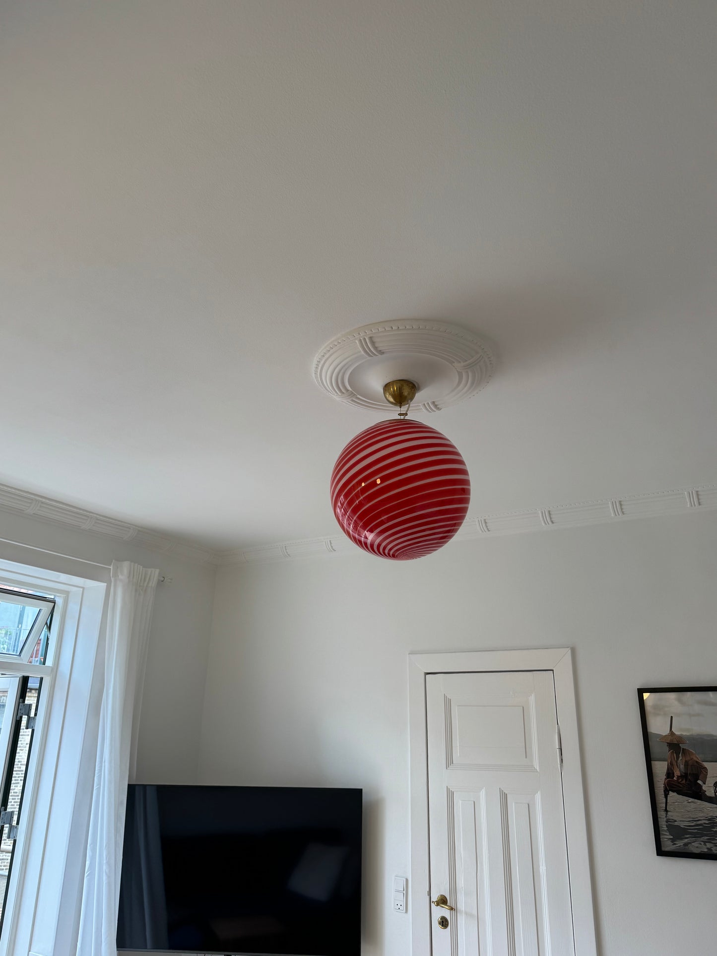 Smuk rød-stribet Murano pendel, 40 cm