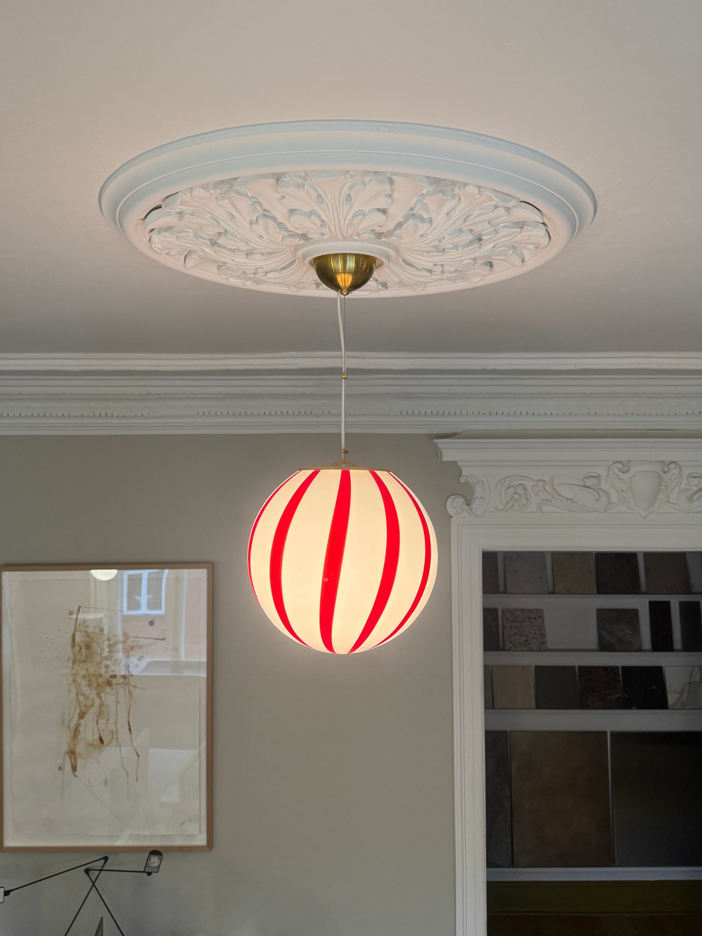 Murano candy pendel rød/hvid swrl, 30 cm