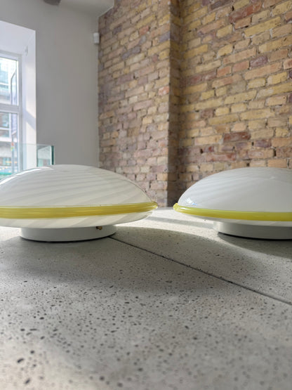 Beautiful Murano ceiling lamp with white swirl and yellow edge, 40 cm