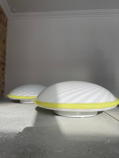 Beautiful Murano ceiling lamp with white swirl and yellow edge, 40 cm