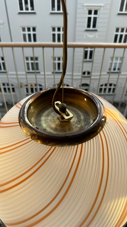 Murano transparent pendant, orange/gold and white swirl, 40 cm