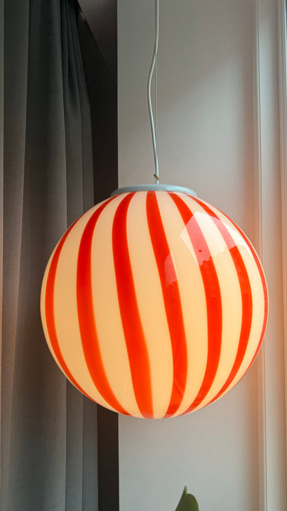 Murano round bolche pendant with red vertical bars, 40 cm
