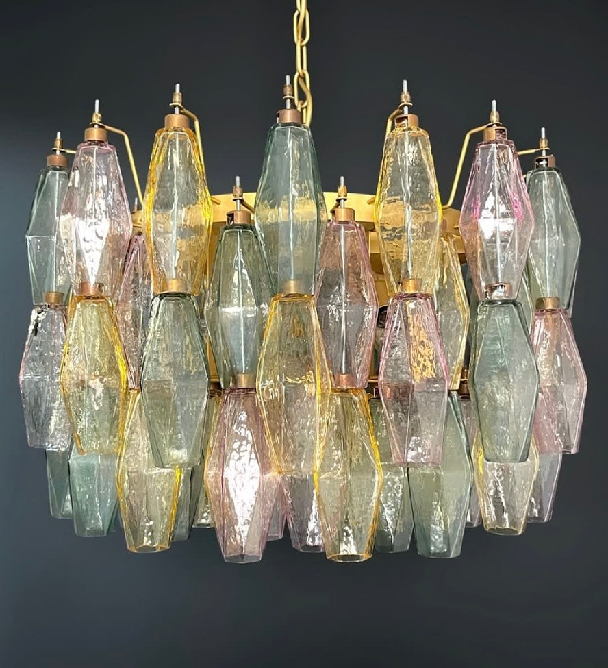 Murano lysekrone | Poliedri | 107 glas | Grøn/lyserød/gul
