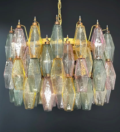 Murano lysekrone | Poliedri | 107 glas | Grøn/lyserød/gul