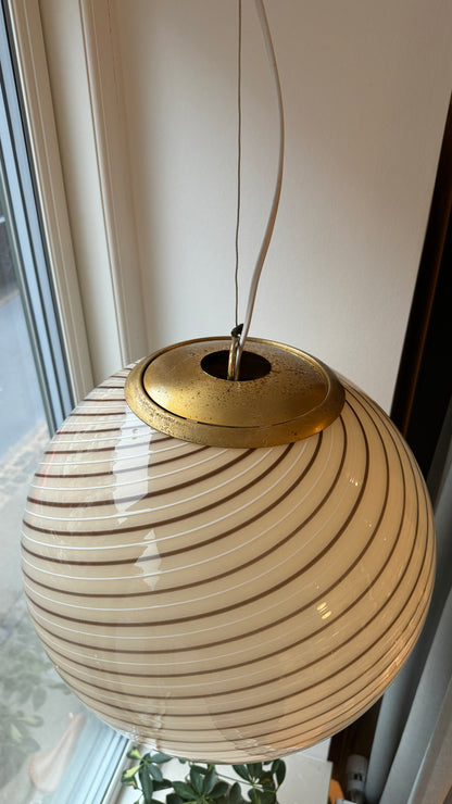 Vintage Murano cream pendant with brown swirl, 40 cm