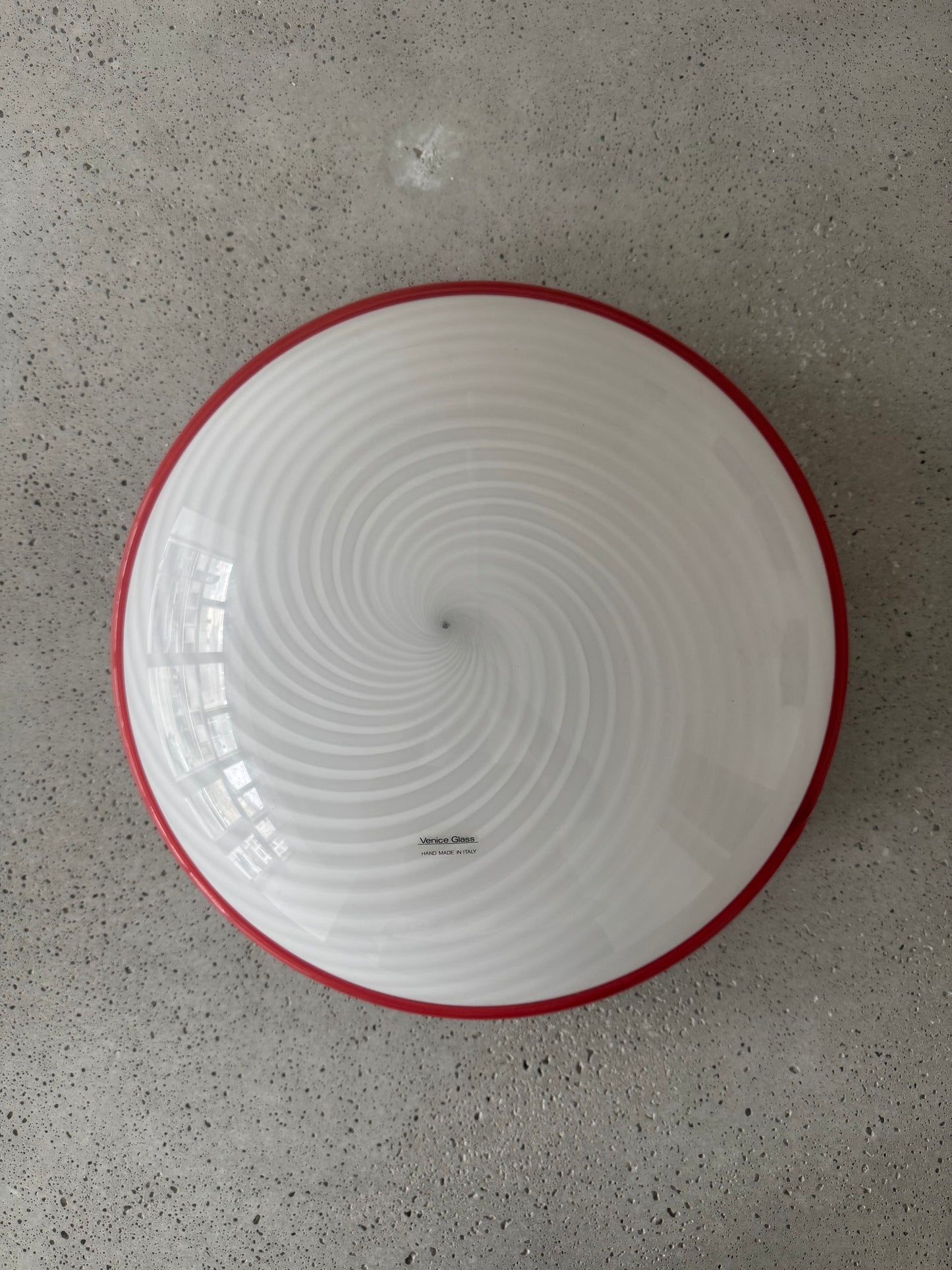 Beautiful Murano ceiling lamp with white swirl and red edge, 40 cm
