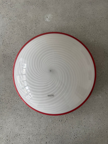 Beautiful Murano ceiling lamp with white swirl and red edge, 40 cm