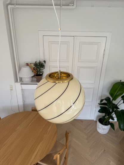 Vintage cream-yellow pendant lamp with brown swirl, 35 cm