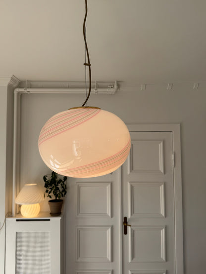 Vintage Murano white pendant with pink swirl and brass top, 35 cm 