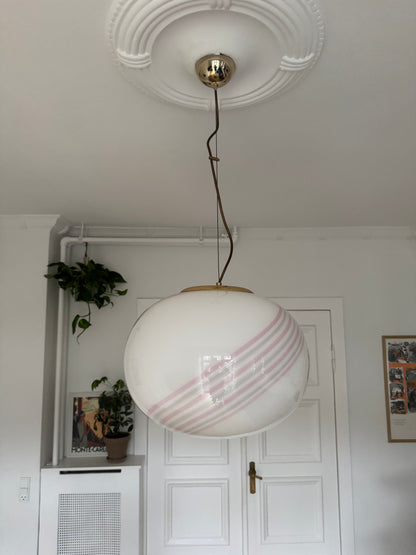 Vintage Murano hvid pendel med lyserød swirl, 40 cm