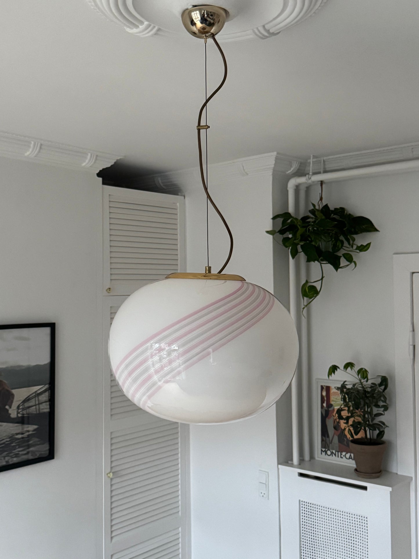 Vintage Murano hvid pendel med lyserød swirl, 40 cm