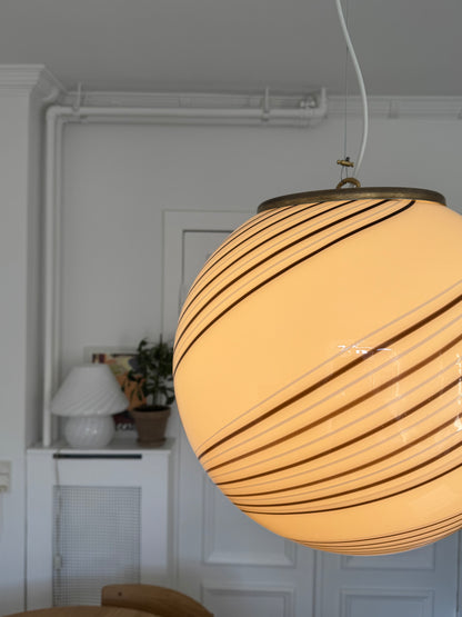 Vintage Murano cream pendant with brown swirl, 40 cm
