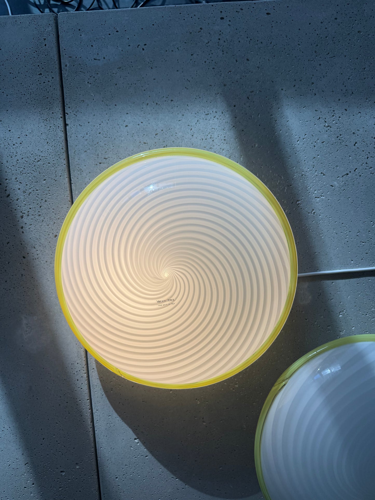 Beautiful Murano ceiling lamp with white swirl and yellow edge, 40 cm