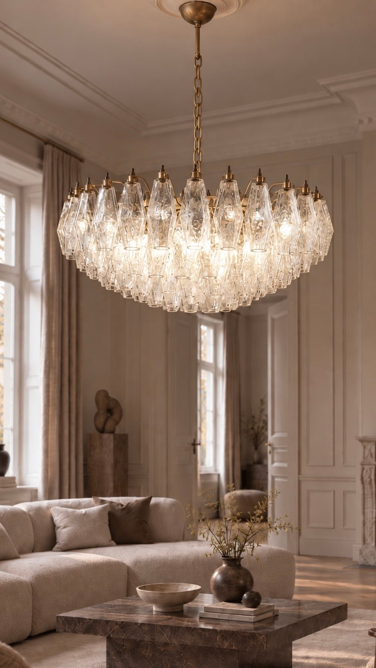 Murano lysekrone | Poliedri | 185 glas | Klart glas