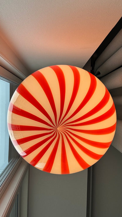 Murano round bolche pendant with red vertical bars, 40 cm