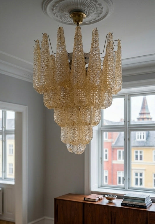 Murano lysekrone | Dråber | 52 glas | Rav/gul