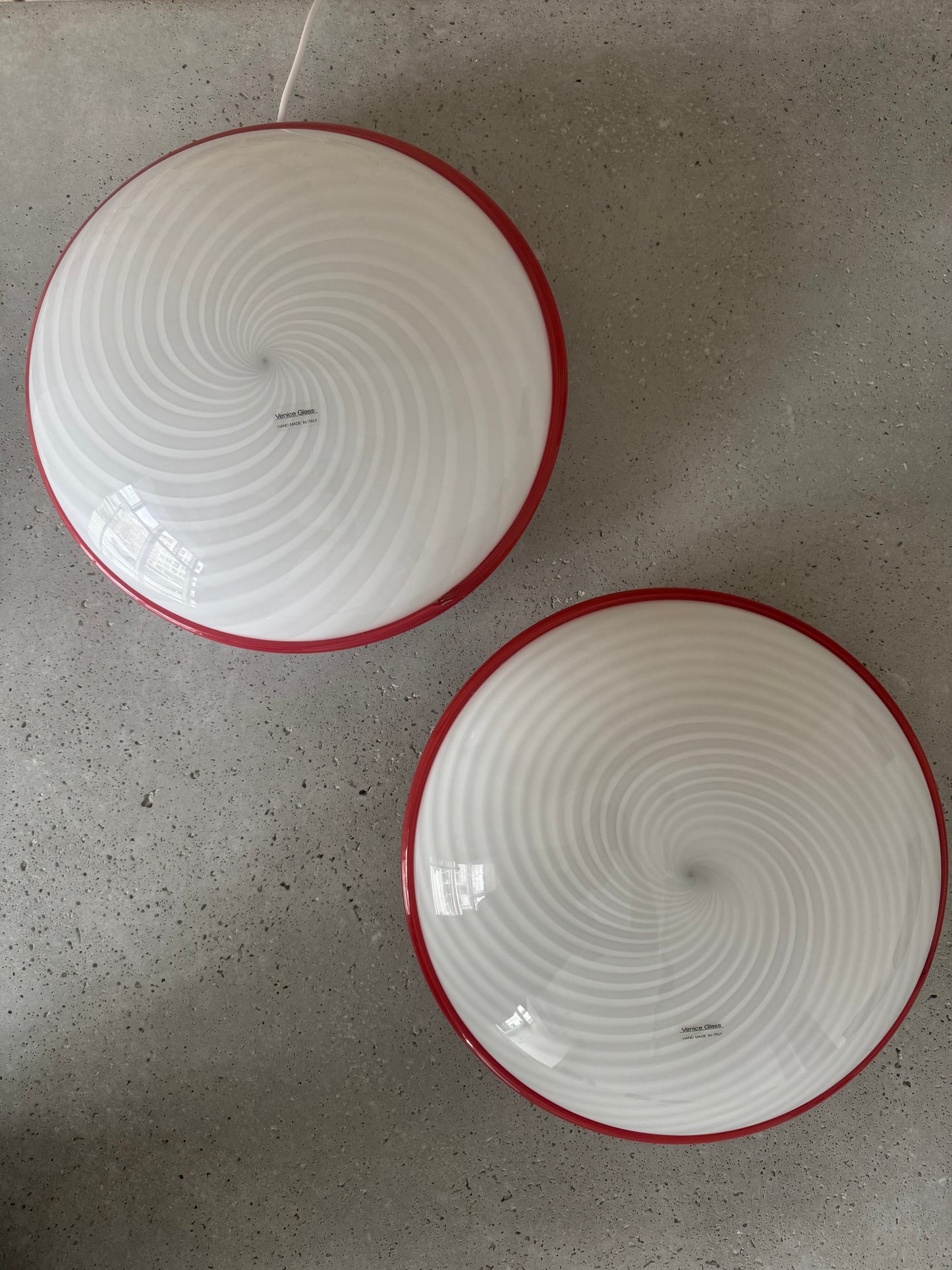 Beautiful Murano ceiling lamp with white swirl and red edge, 40 cm