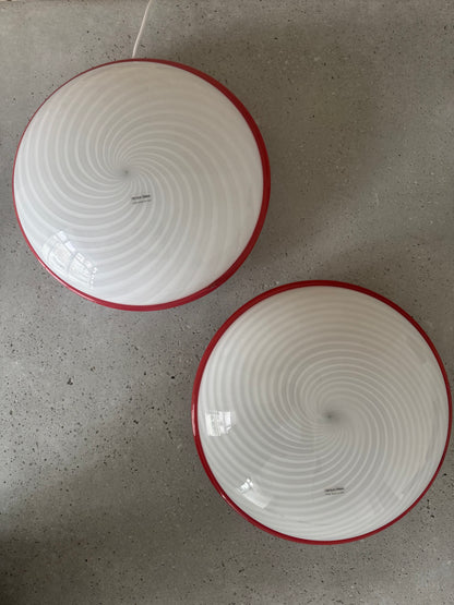 Beautiful Murano ceiling lamp with white swirl and red edge, 40 cm
