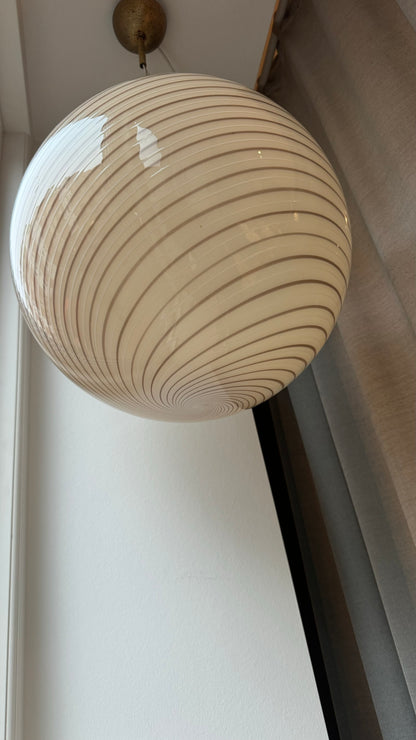 Vintage Murano cream pendant with brown swirl, 40 cm