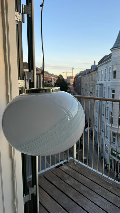 White Murano pendant with beautiful blue swirl, 40 cm