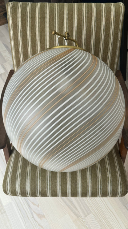 Murano transparent pendant, orange/gold and white swirl, 50 cm