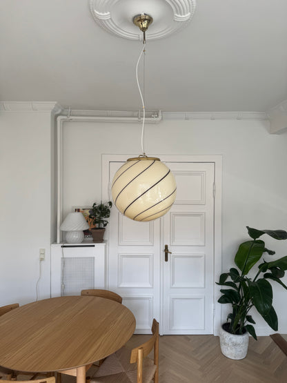 Vintage cream-yellow pendant lamp with brown swirl, 35 cm