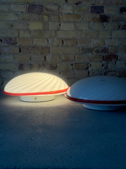 Beautiful Murano ceiling lamp with white swirl and red edge, 40 cm