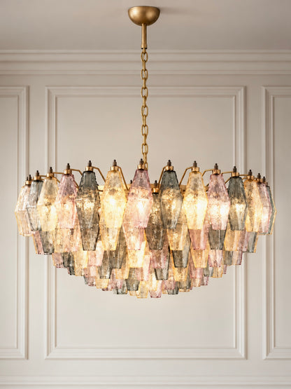 Murano chandelier | Poliedri | 185 glasses | Green/pink/yellow