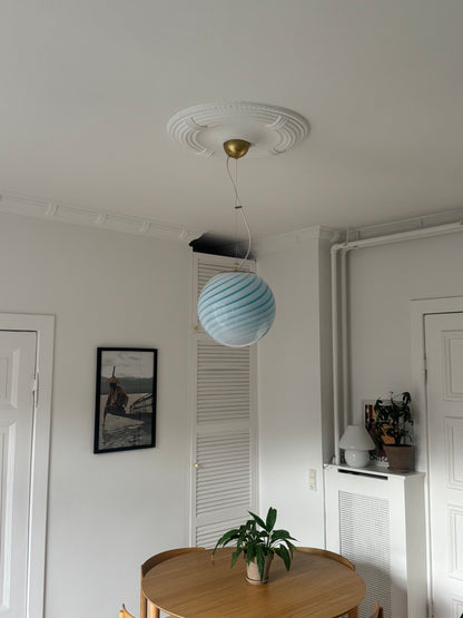 Murano round pendant with blue swirl and brass top, 30 cm