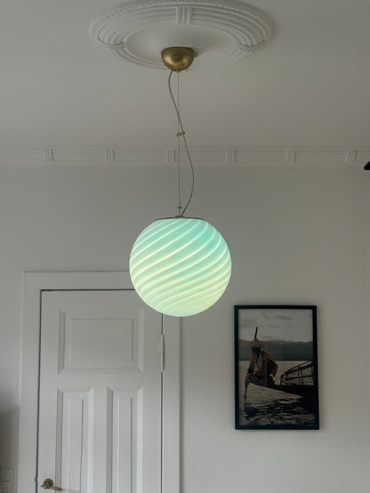 Murano round pendant with blue swirl and brass top, 30 cm