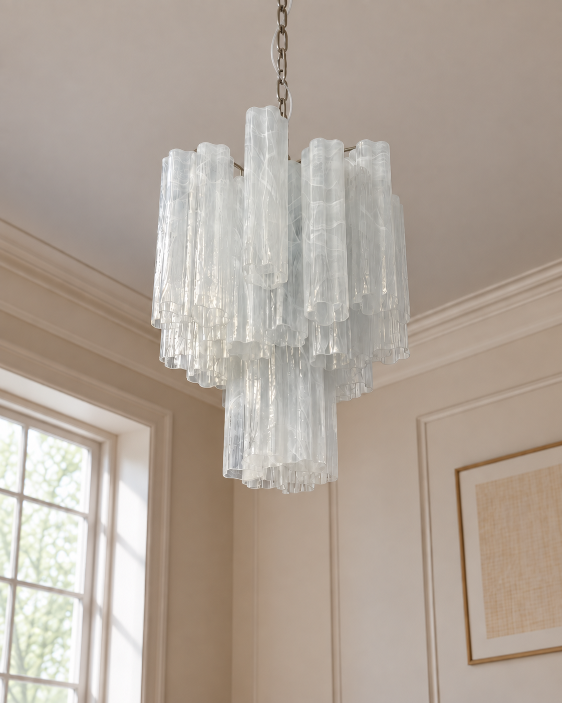 Murano lysekrone | Tuber | 30 glas | Hvid alabaster