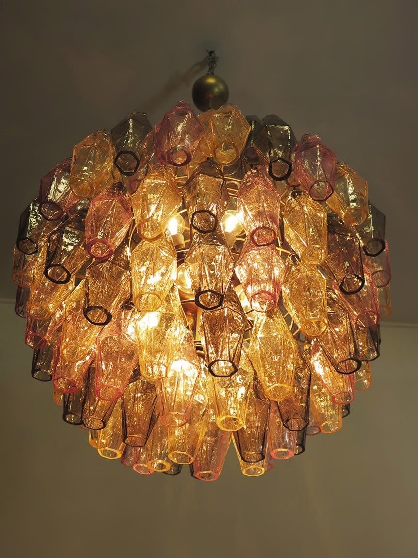 Murano lysekrone | Poliedri | 140 glas | Grøn/lyserød/gul