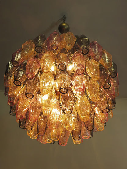 Murano lysekrone | Poliedri | 140 glas | Grøn/lyserød/gul