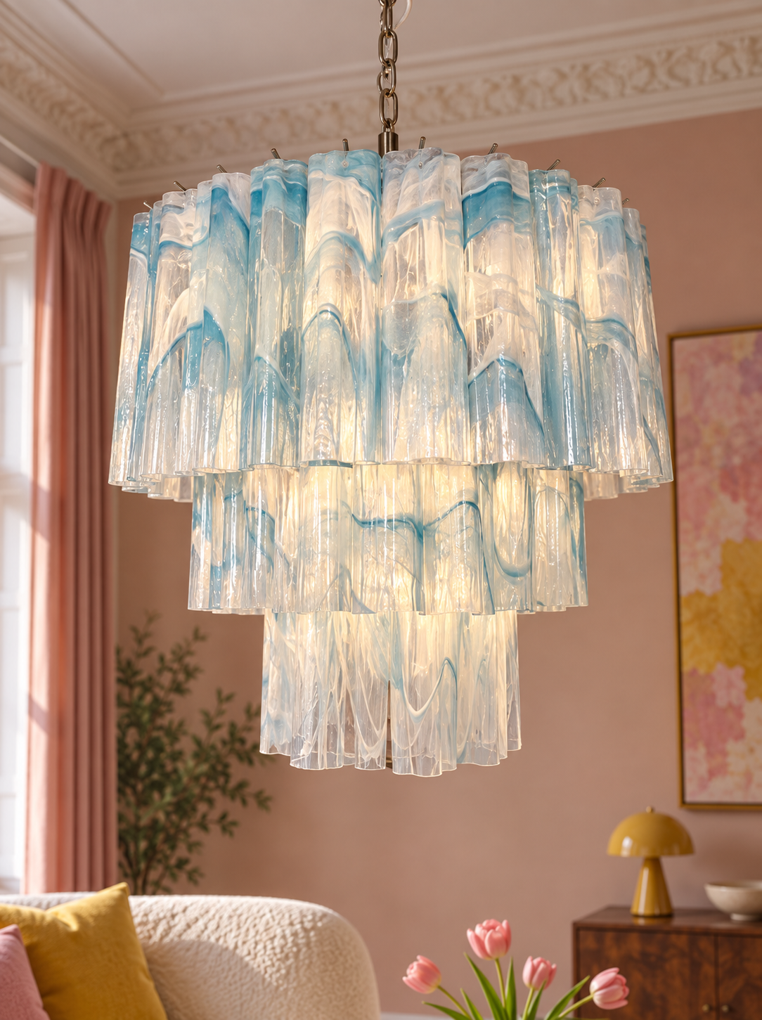 Murano lysekrone | Tuber | 52 glas | Blå alabaster