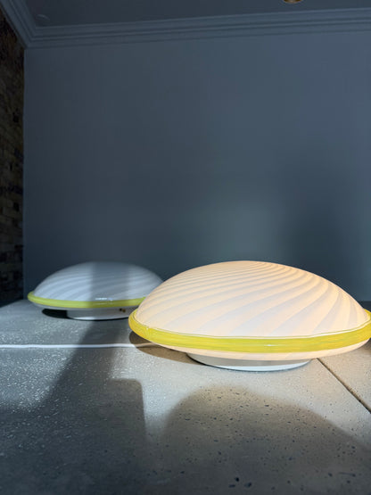 Beautiful Murano ceiling lamp with white swirl and yellow edge, 40 cm