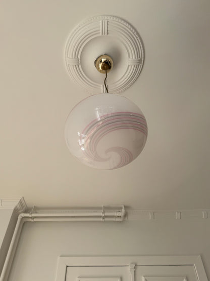Vintage Murano white pendant with pink swirl and brass top, 35 cm 