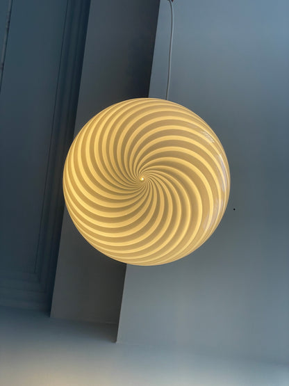 Round vintage Murano pendant lamp with white swirl, 30 cm