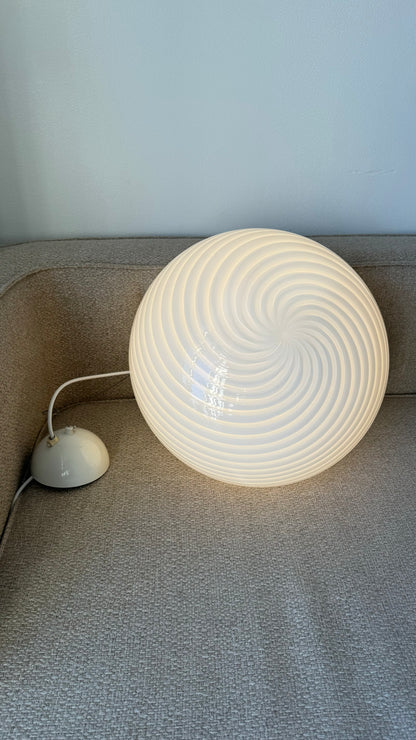 White vintage oval Murano ceiling lamp with engraving, 40 cm