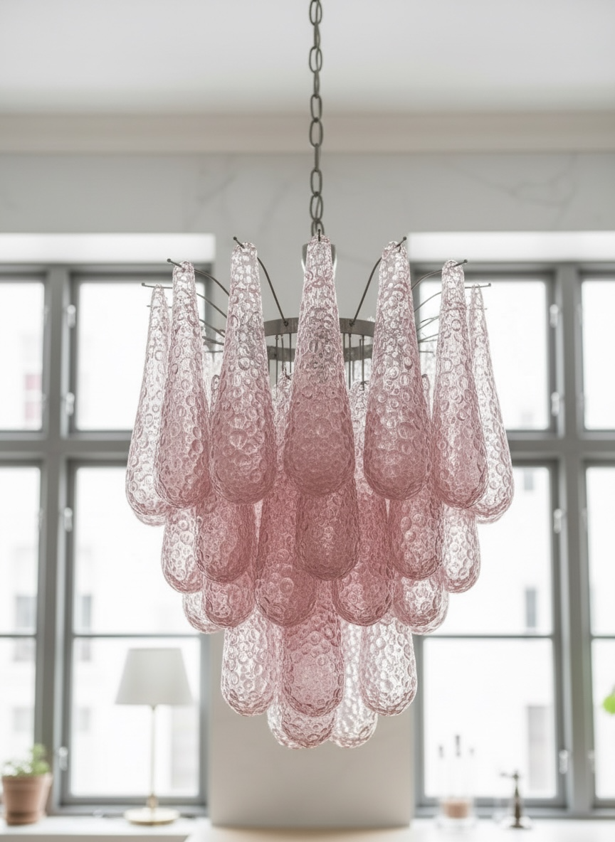 Murano lysekrone | Dråber | 41 glas | Lyserødt glas