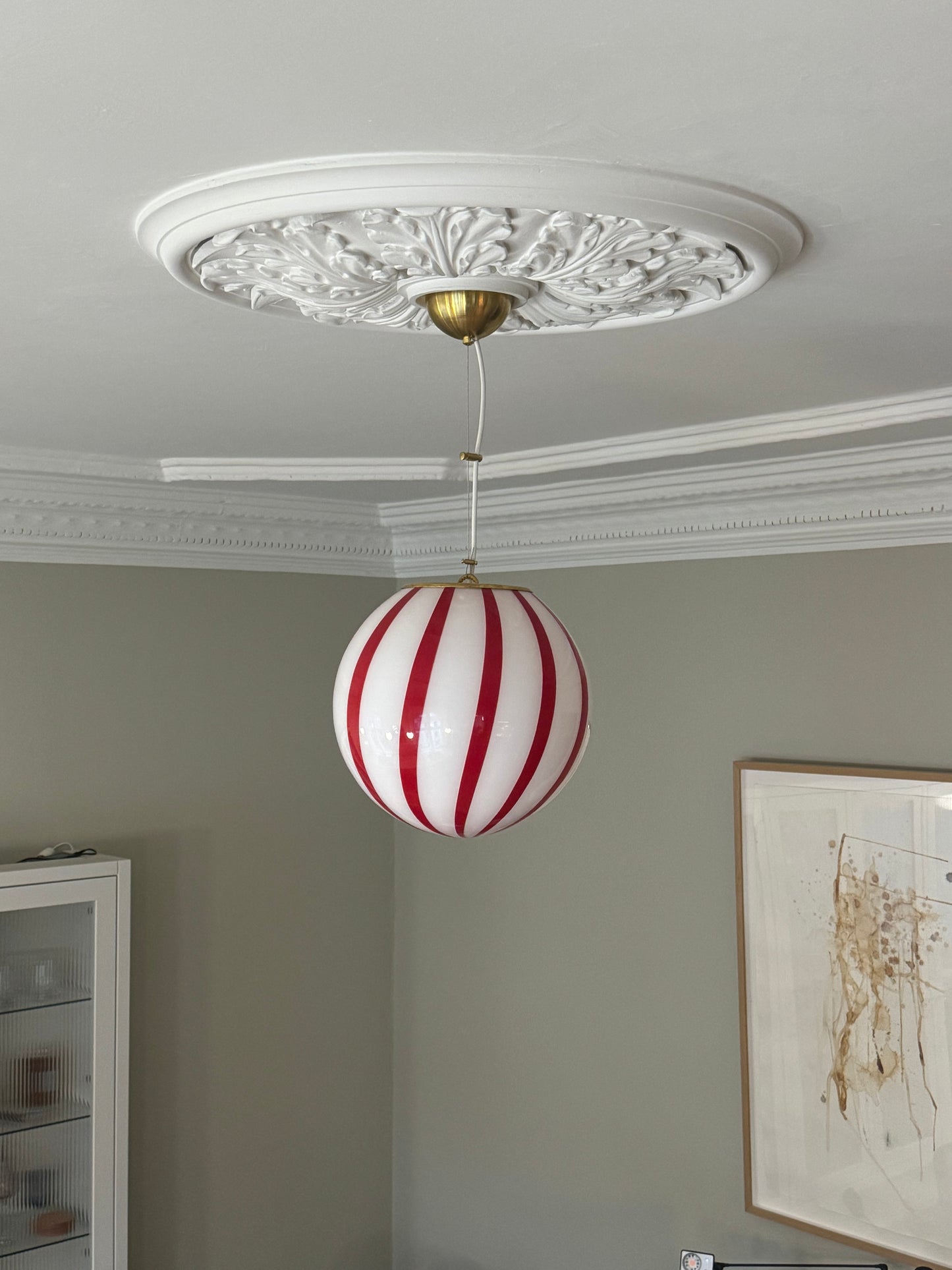 Murano candy pendel rød/hvid swrl, 30 cm