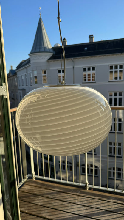 White vintage oval Murano ceiling lamp with engraving, 40 cm