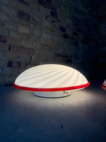 Beautiful Murano ceiling lamp with white swirl and red edge, 40 cm