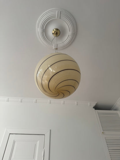Vintage cream-yellow pendant lamp with brown swirl, 35 cm
