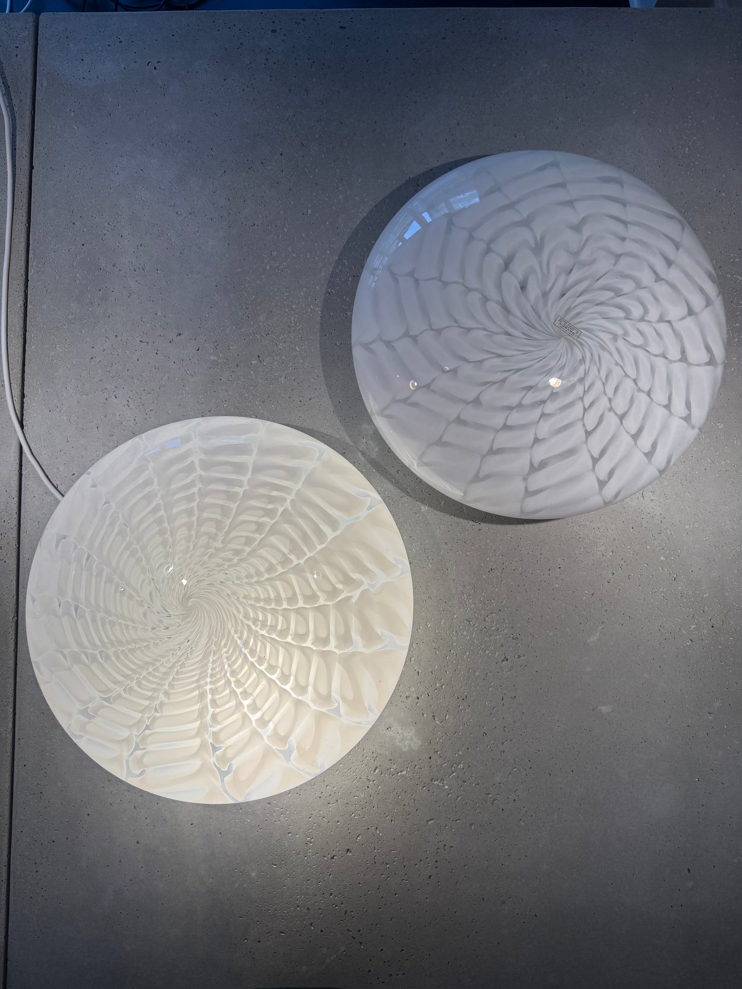 White vintage Murano ceiling lamp with peacock swirl, 40 cm