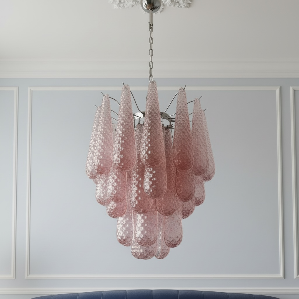 Murano lysekrone | Dråber | 41 glas | Lyserødt glas