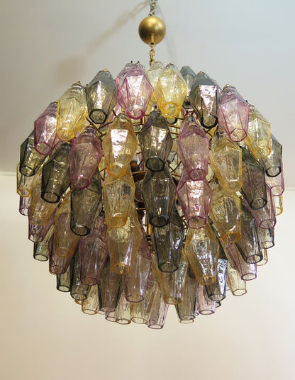 Murano lysekrone | Poliedri | 140 glas | Grøn/lyserød/gul