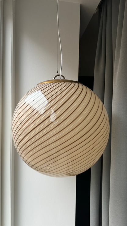 Vintage Murano cream pendant with brown swirl, 40 cm