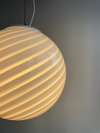 Round vintage Murano pendant lamp with white swirl, 30 cm